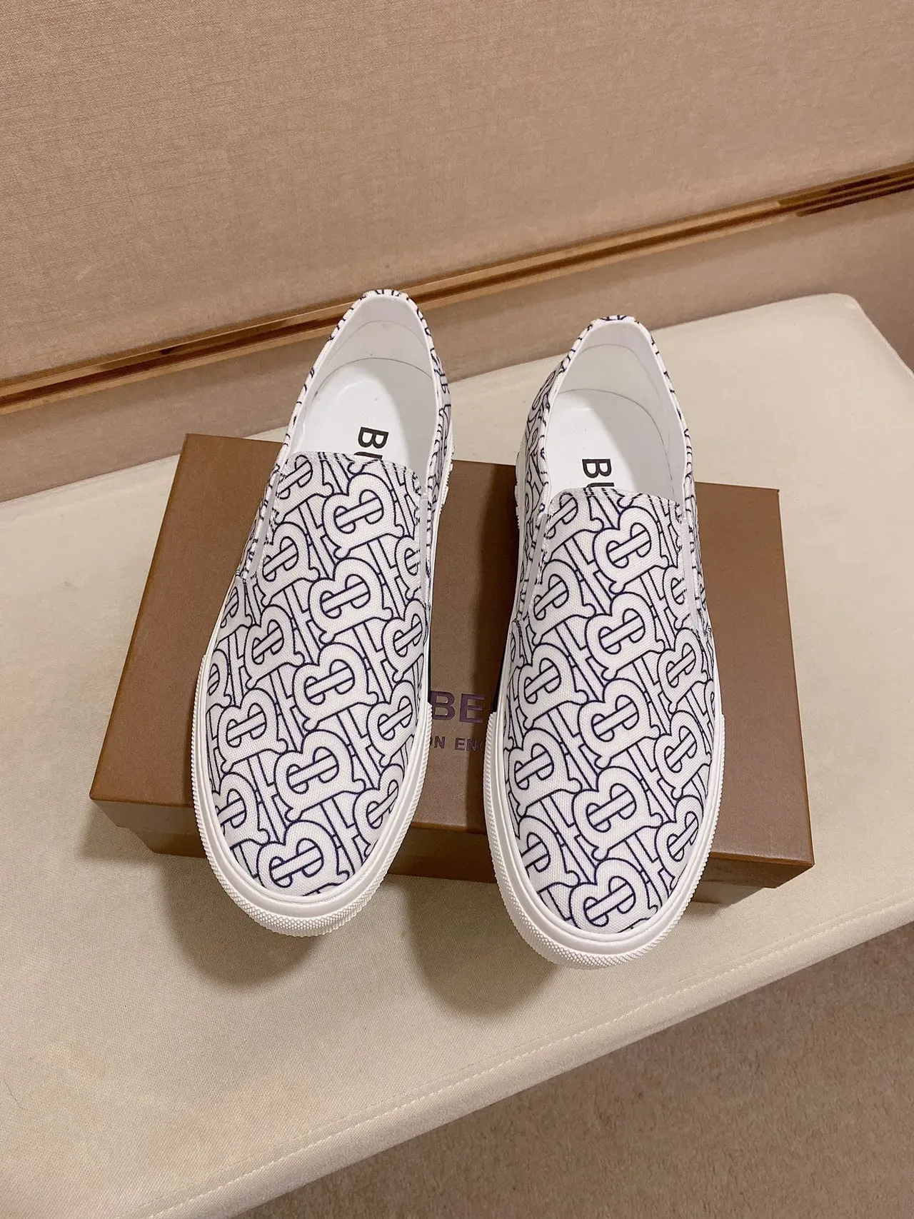 Burberry Lola White Blue Monogram-Printed Canvas Slip-On Lifestyle Sneakers 5