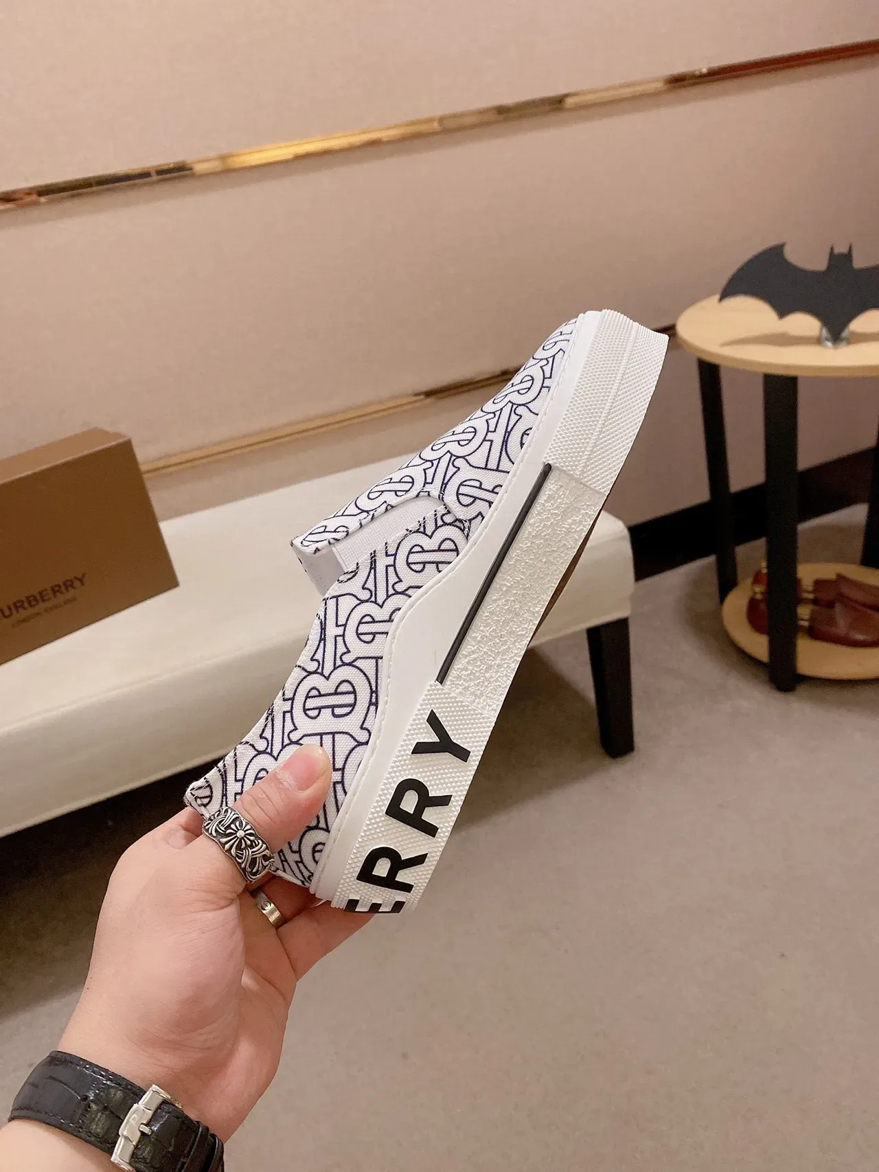 Burberry Lola White Blue Monogram-Printed Canvas Slip-On Lifestyle Sneakers 6