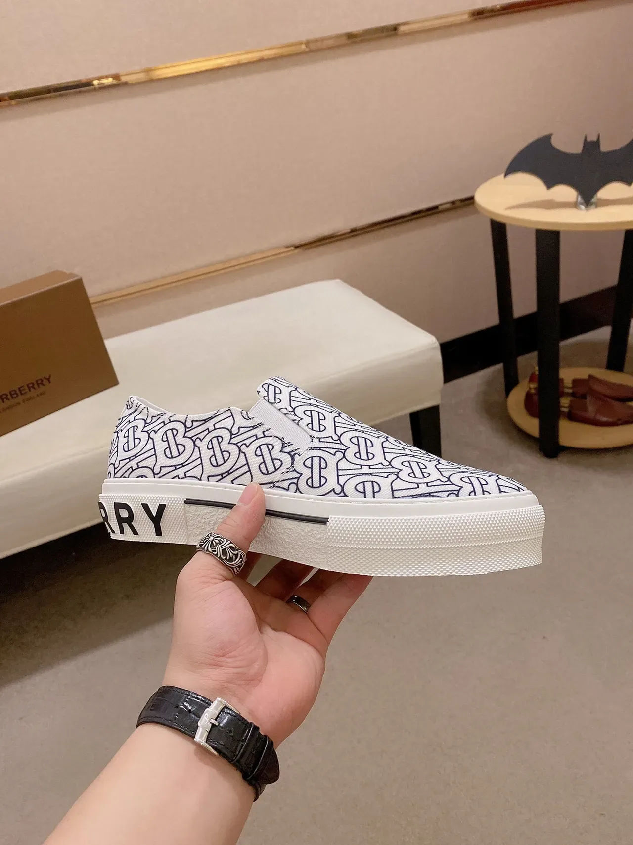 Burberry Lola White Blue Monogram-Printed Canvas Slip-On Lifestyle Sneakers 7