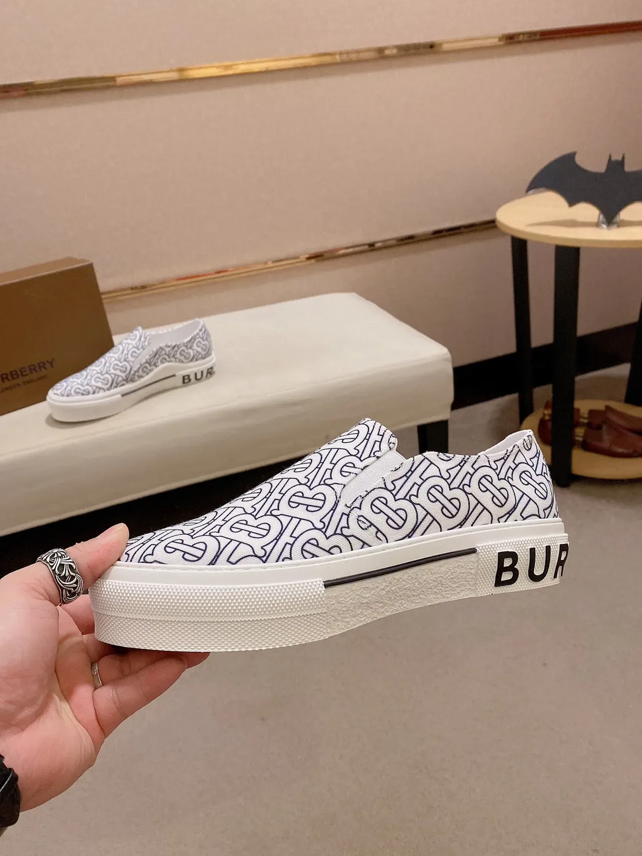 Burberry Lola White Blue Monogram-Printed Canvas Slip-On Lifestyle Sneakers 8