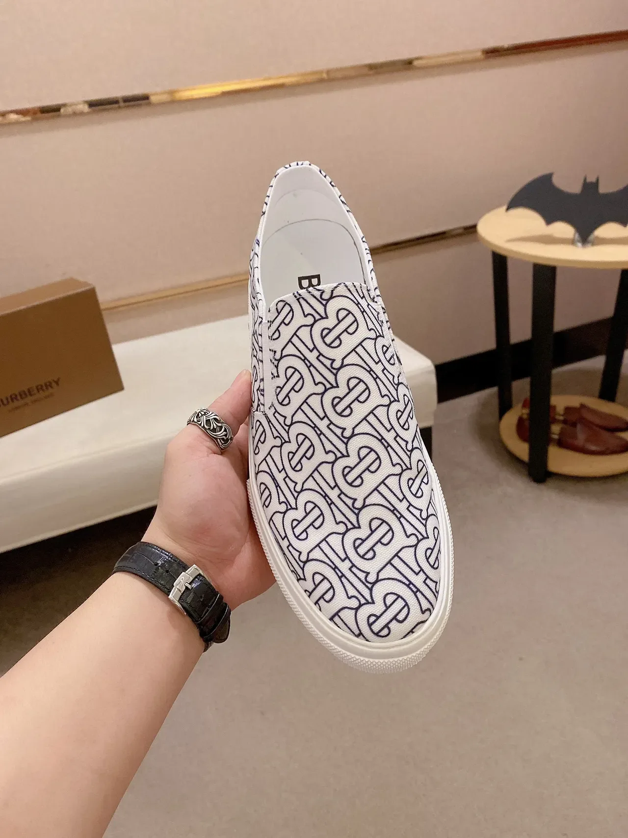 Burberry Lola White Blue Monogram-Printed Canvas Slip-On Lifestyle Sneakers 9