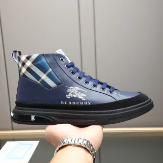 Burberry नेवी ब्लैक हाई-टॉप लेदर-एंड-चेक-पैनल लाइफस्टाइल स्नीकर