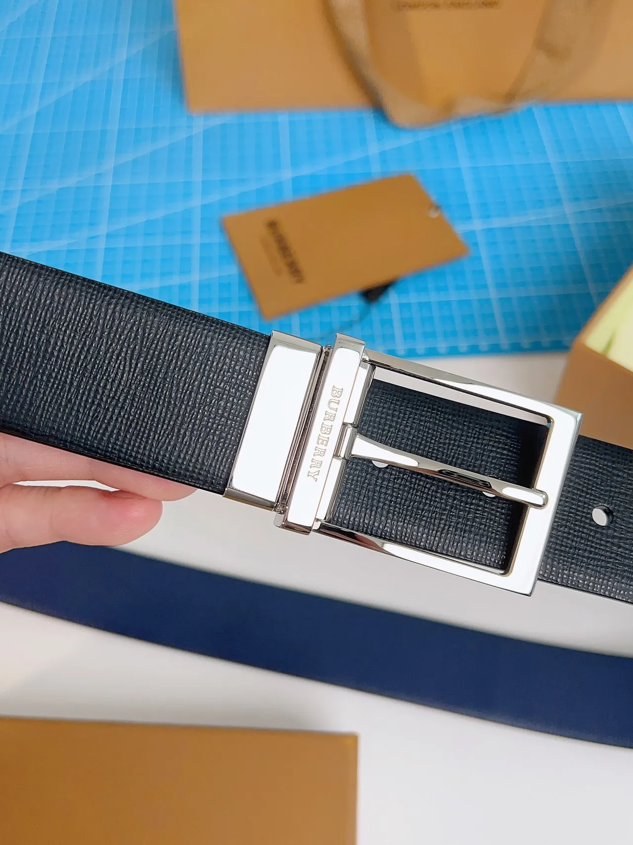 Burberry Reversible Buckle Black Textured Leather Belt 4