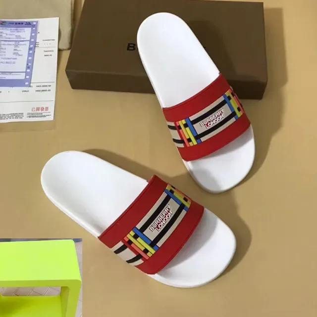 Burberry Slide White Red Single Wide Strap Rubber Sole Slippers 2