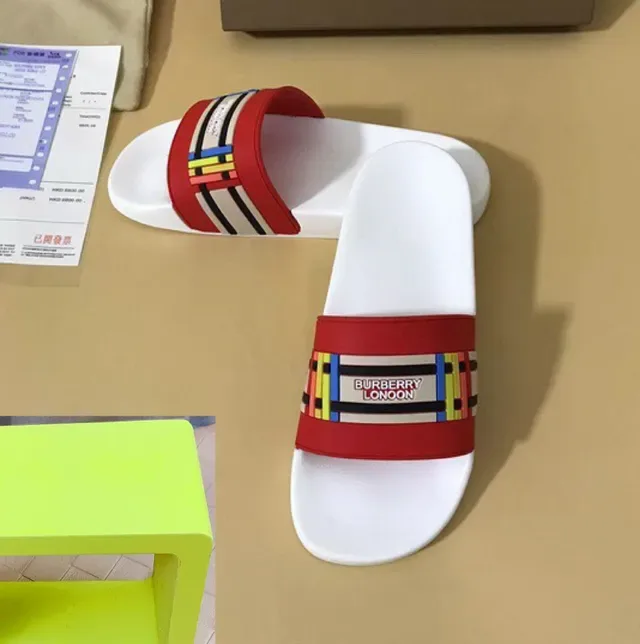 Burberry Slide White Red Single Wide Strap Rubber Sole Slippers 6