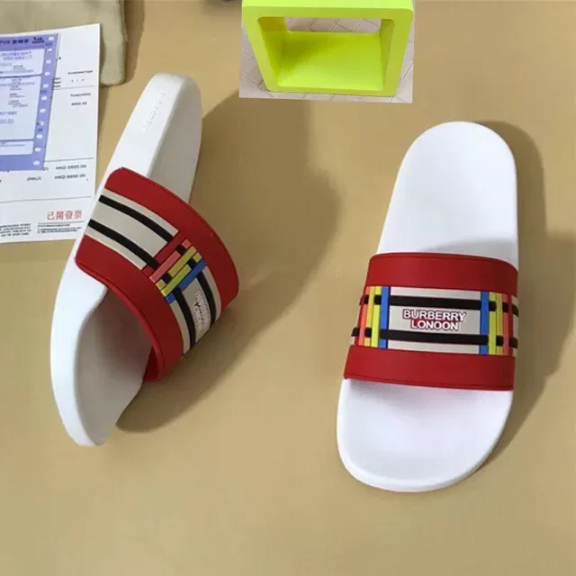 Burberry Slide White Red Single Wide Strap Rubber Sole Slippers 7