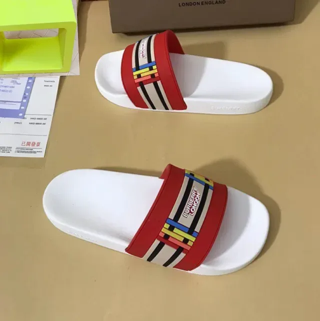Burberry Slide White Red Single Wide Strap Rubber Sole Slippers 8
