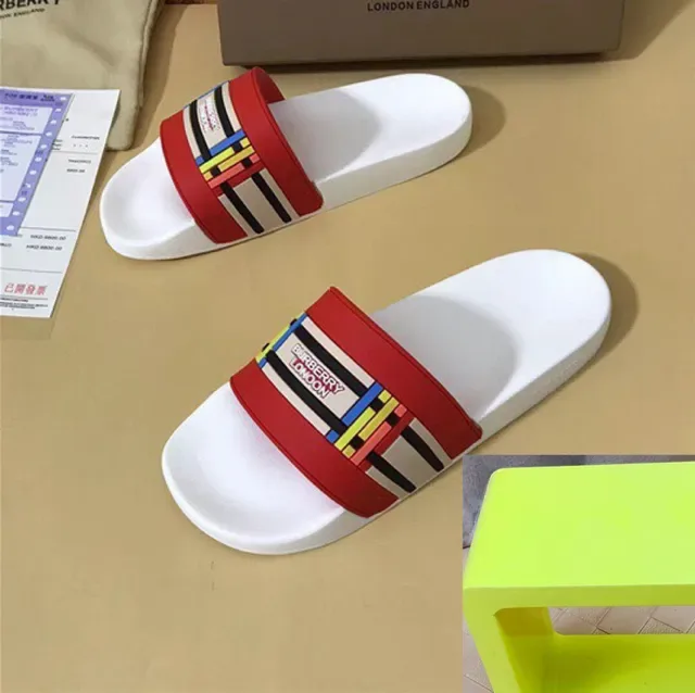 Burberry Slide White Red Single Wide Strap Rubber Sole Slippers 9