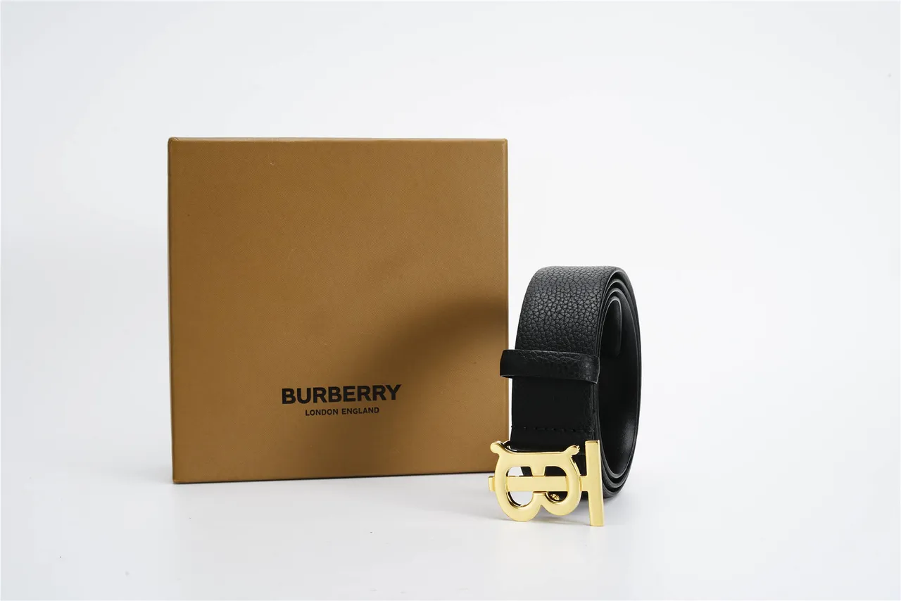 Burberry TB Ceinture Noir Cuir grainé Doré Monogramme Boucle Ceinture Cuir 5