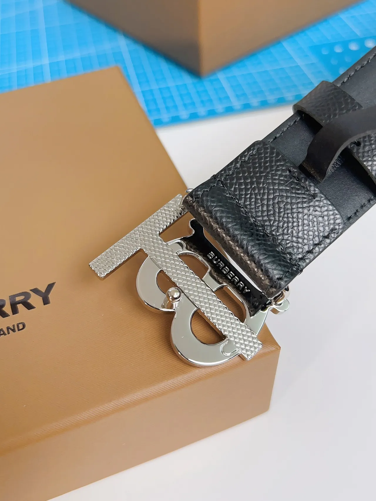 Burberry TB Belt Black Textured Leather Belt 4