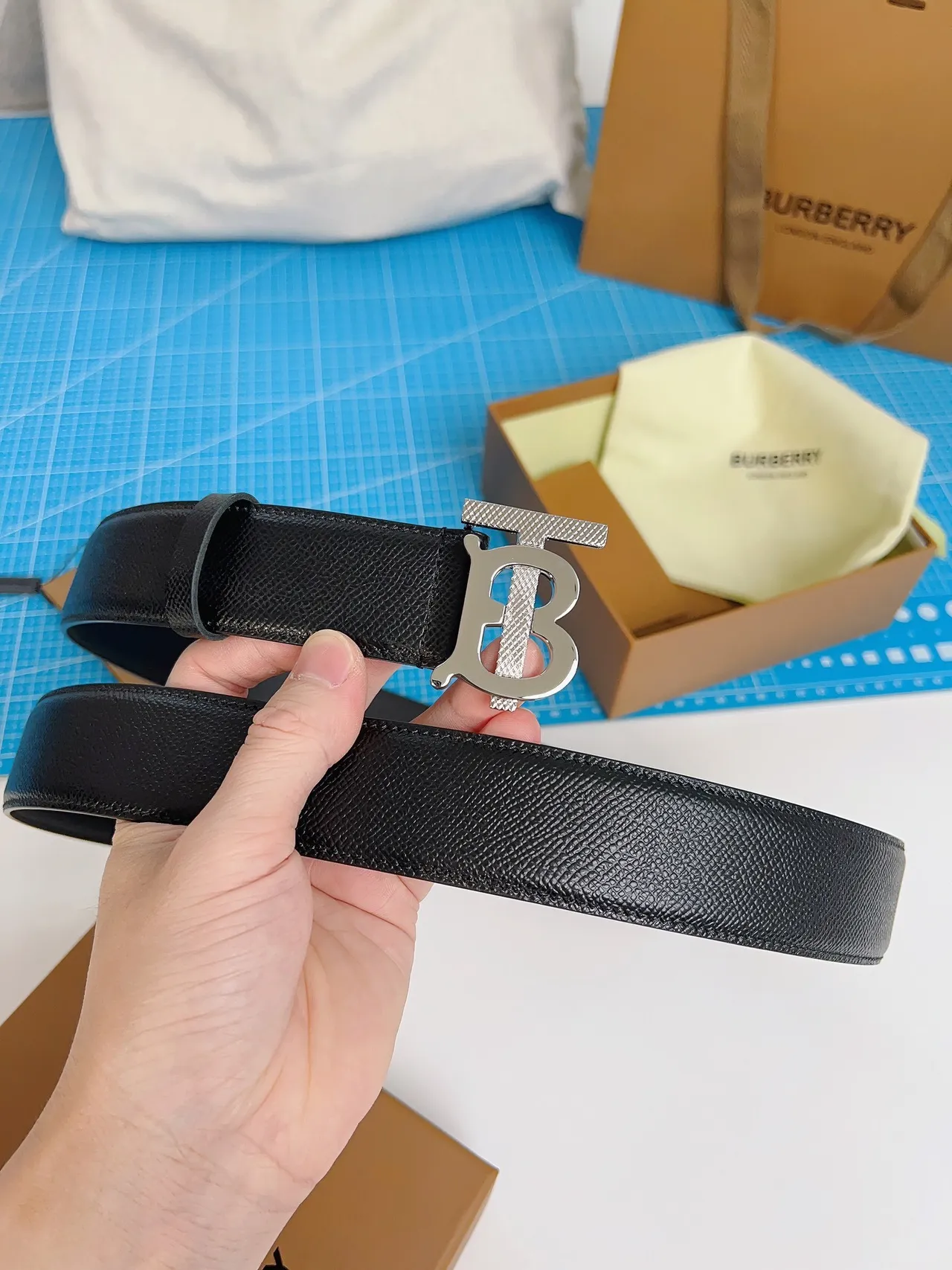 Burberry TB Belt Black Textured Leather Belt 5