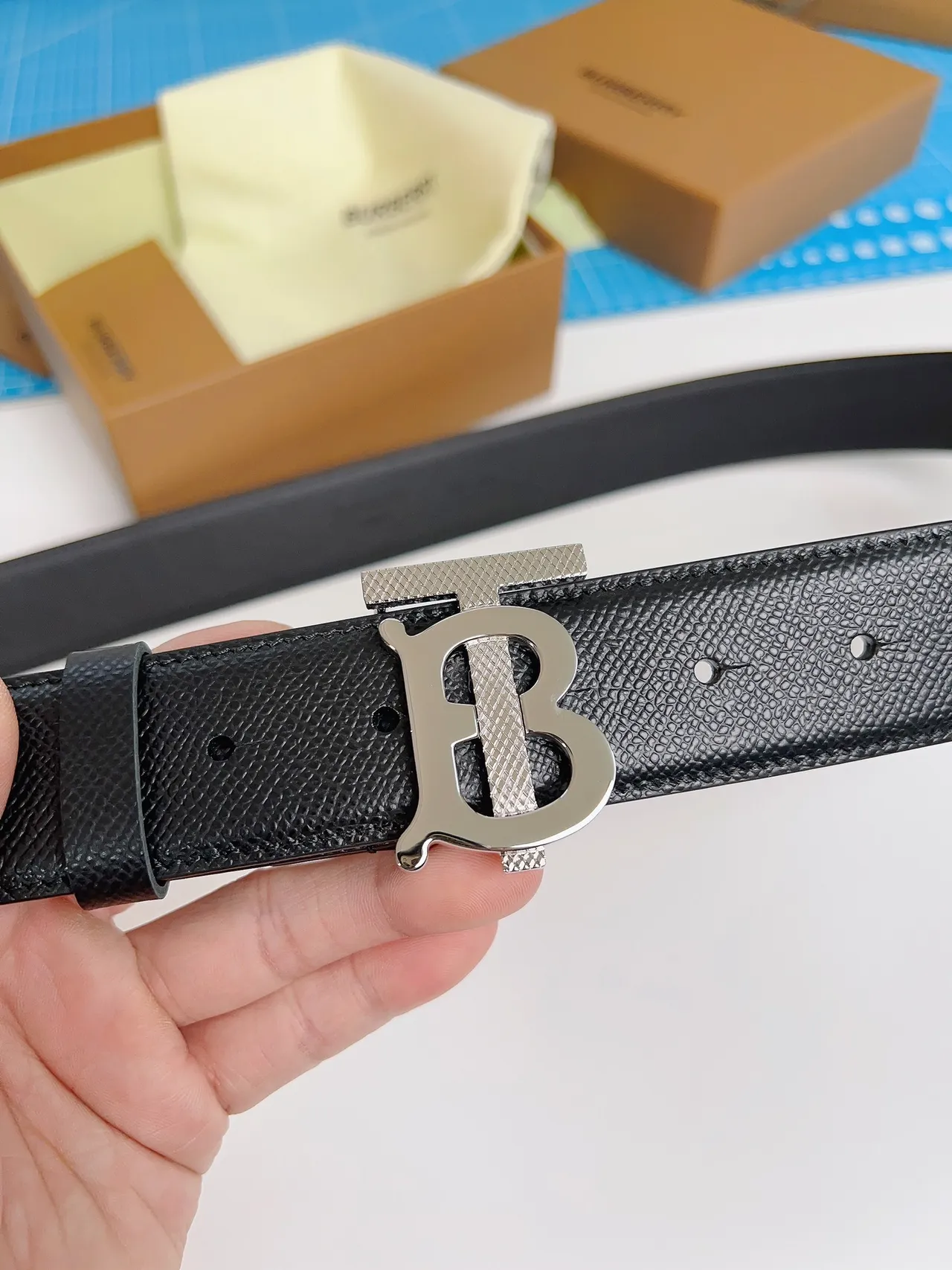 Burberry TB Belt Black Textured Leather Belt 8