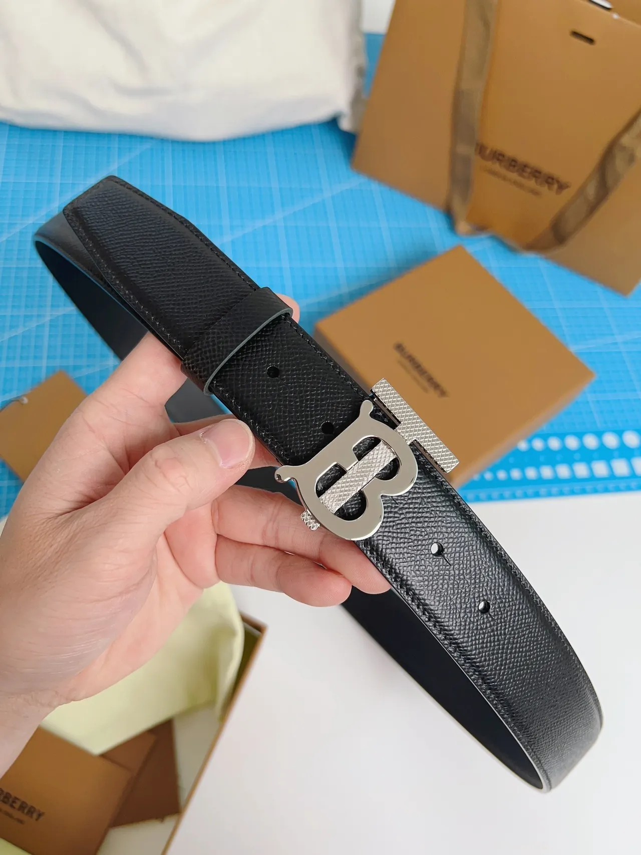 Burberry TB Belt Black Textured Leather Belt 9