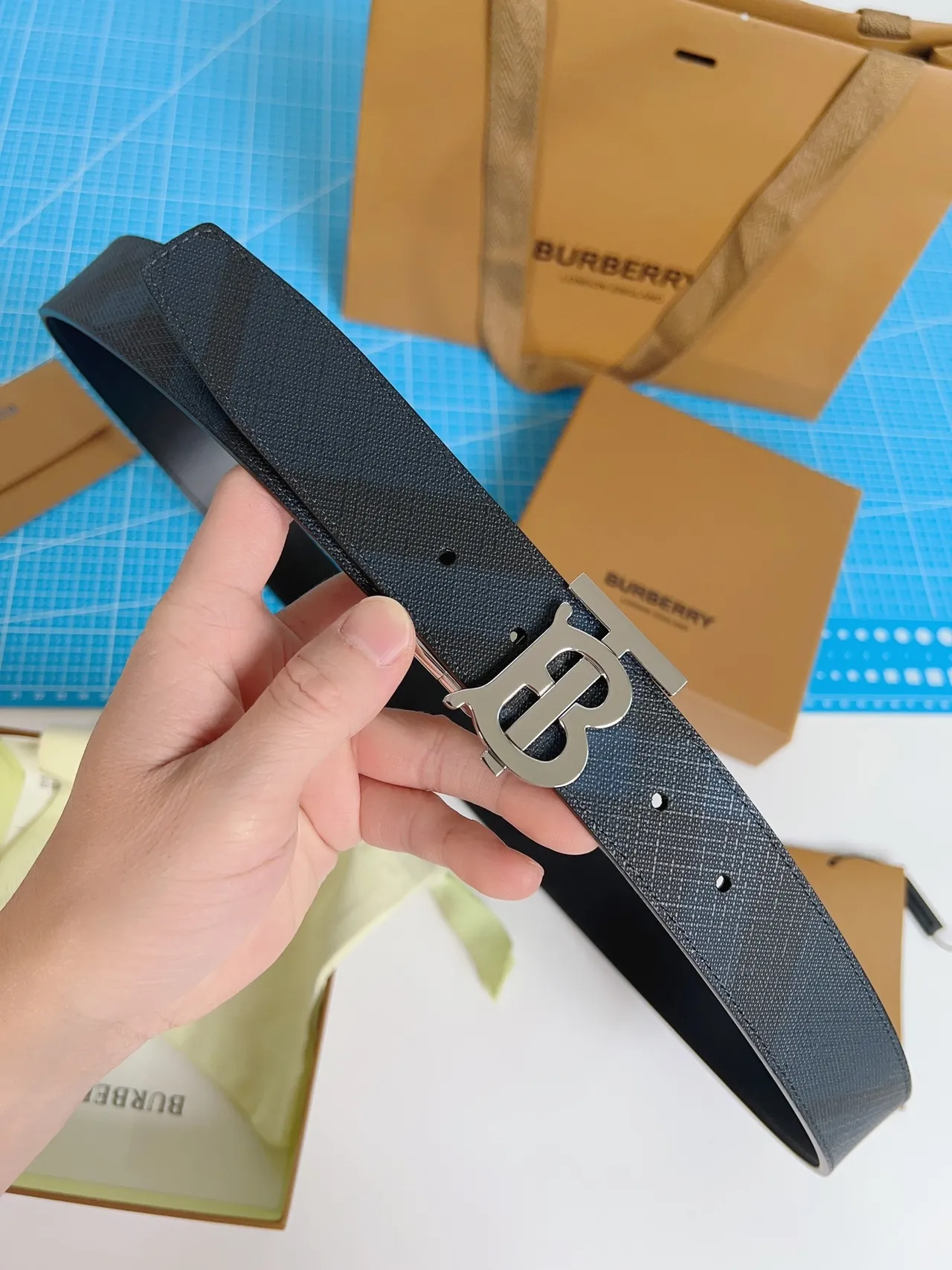Burberry TB Monogram Check Leather Belt 2