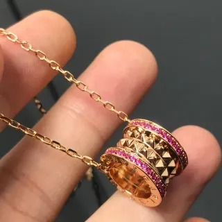Bvlgari B.zero1 Gold Pink Stacked Ring Pendant Pavé Gemstones Necklace