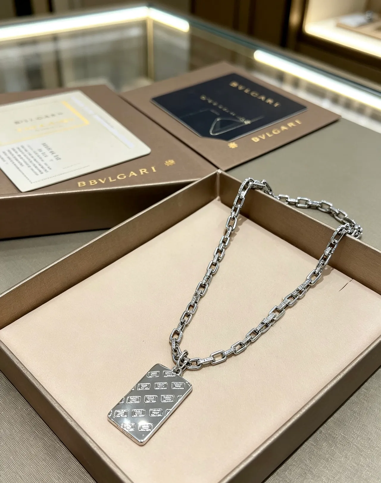 Bvlgari Silver-Tone Engraved Rectangular Pendant Necklace 2