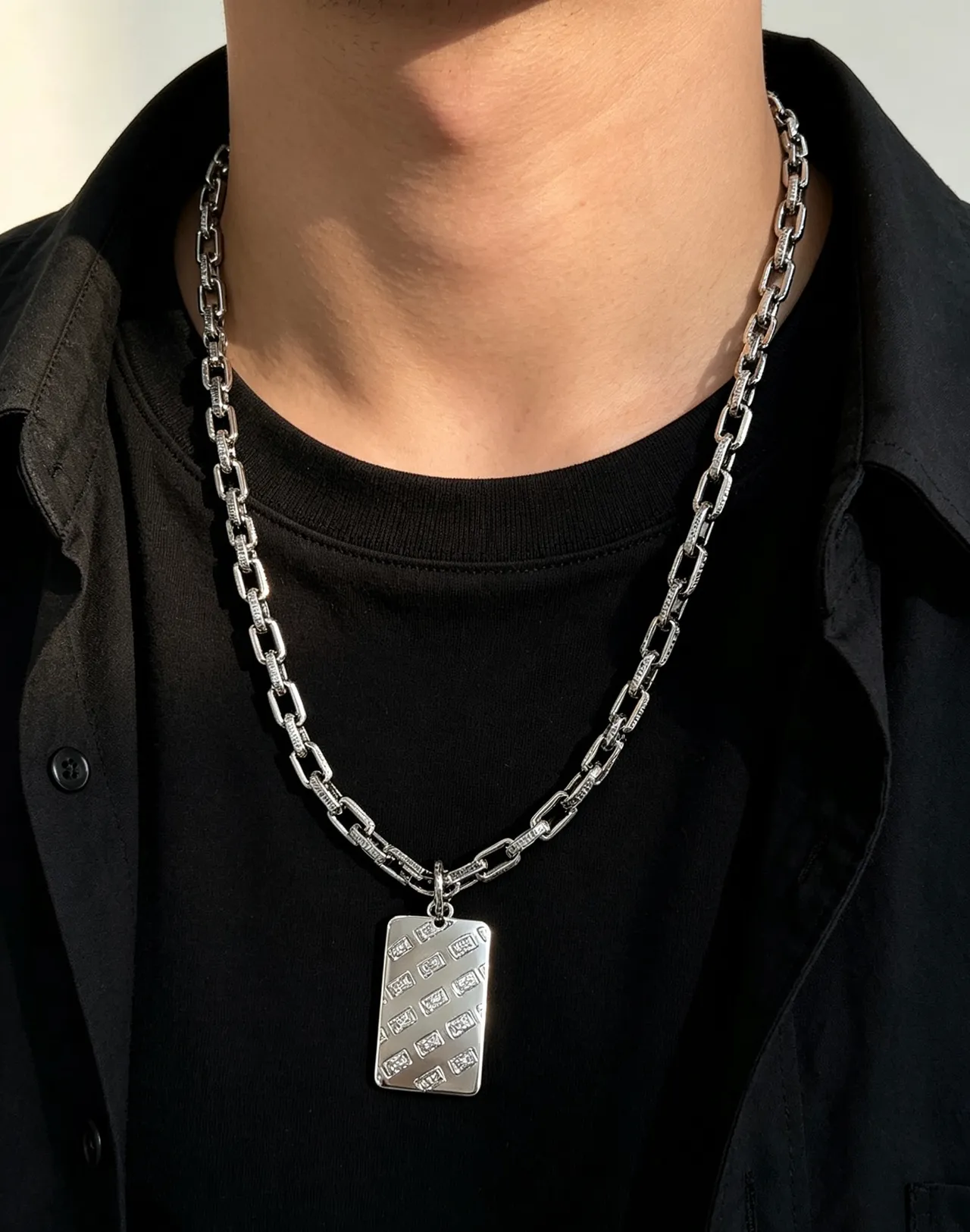 Bvlgari Silver-Tone Engraved Rectangular Pendant Necklace 3