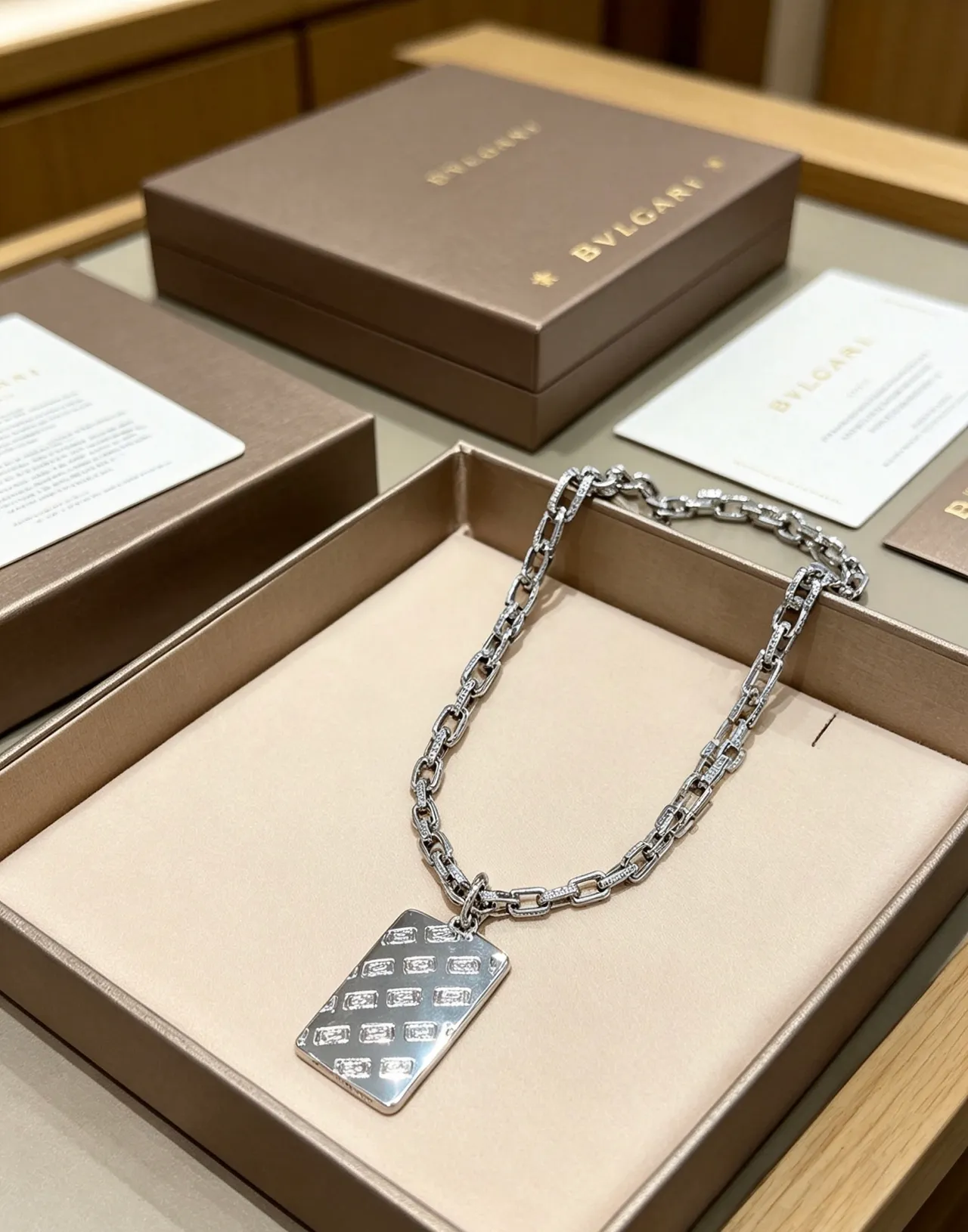 Bvlgari Silver-Tone Engraved Rectangular Pendant Necklace 4