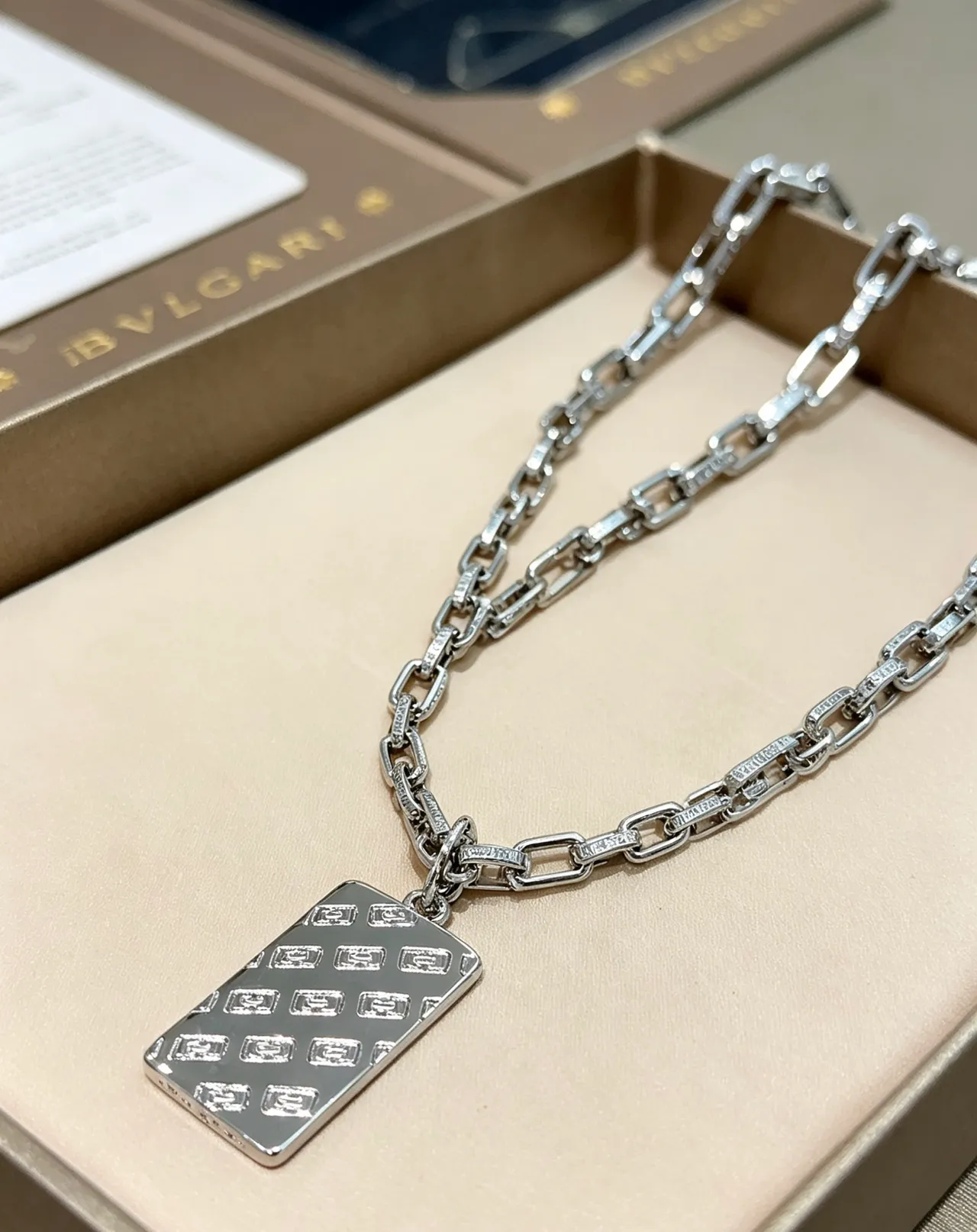 Bvlgari Silver-Tone Engraved Rectangular Pendant Necklace 6