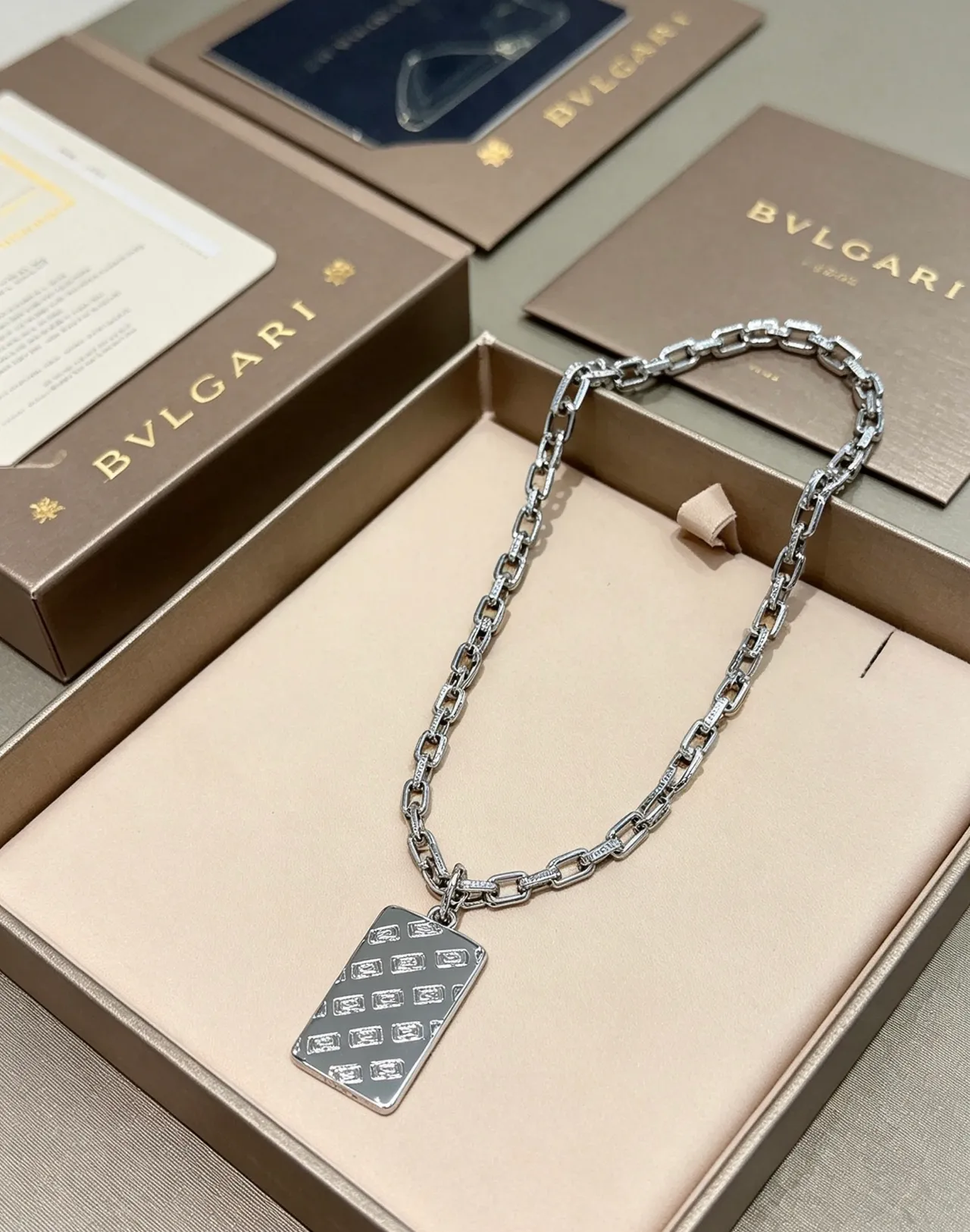 Bvlgari Silver-Tone Engraved Rectangular Pendant Necklace 7