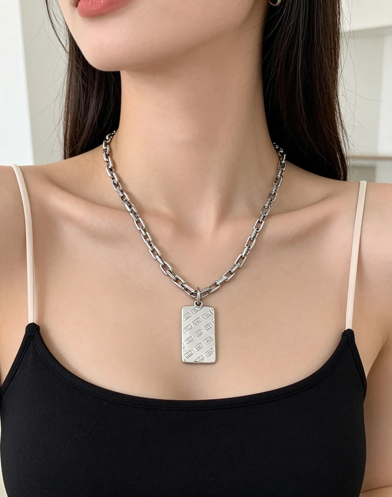 Bvlgari Silver-Tone Engraved Rectangular Pendant Necklace 8