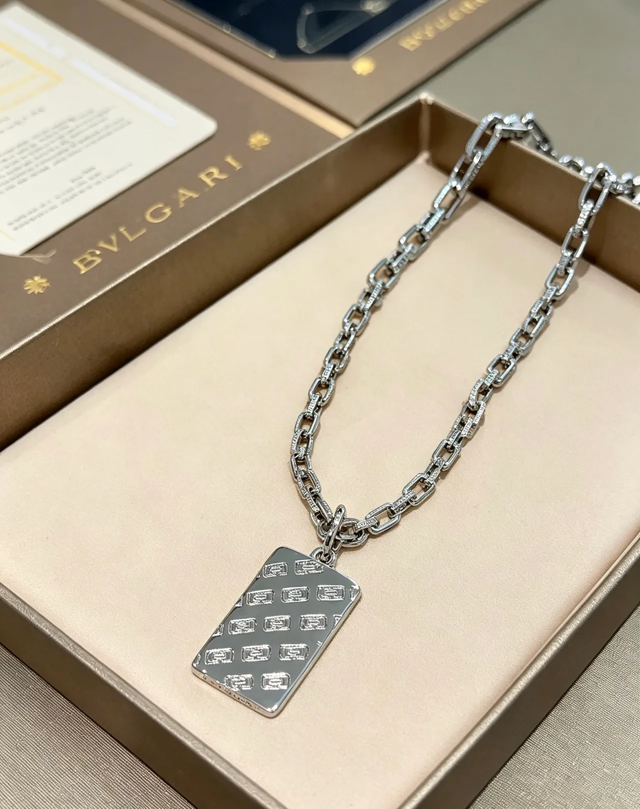 Bvlgari Silver-Tone Engraved Rectangular Pendant Necklace 9