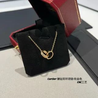 Cartier Double Ring Gold Black Interlocking Pendant Pavé Diamond Setting Necklace