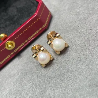 Cartier Gold White Pearl Stud Cage Setting Earrings