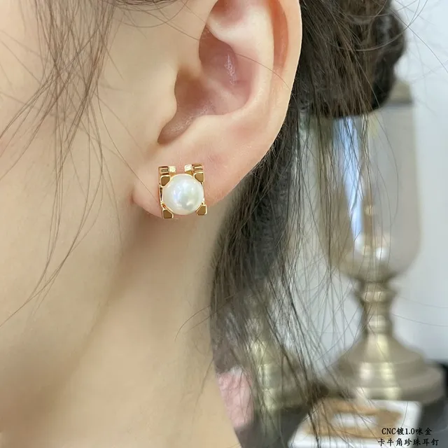 Cartier Gold White Pearl Stud Cage Setting Earrings 8