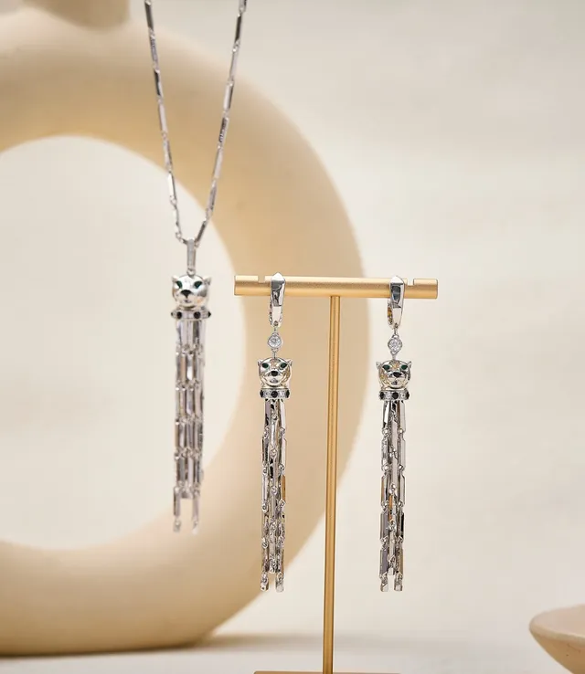 Collier Cartier Panthère argent vert motif tête de panthère frange tassel 3