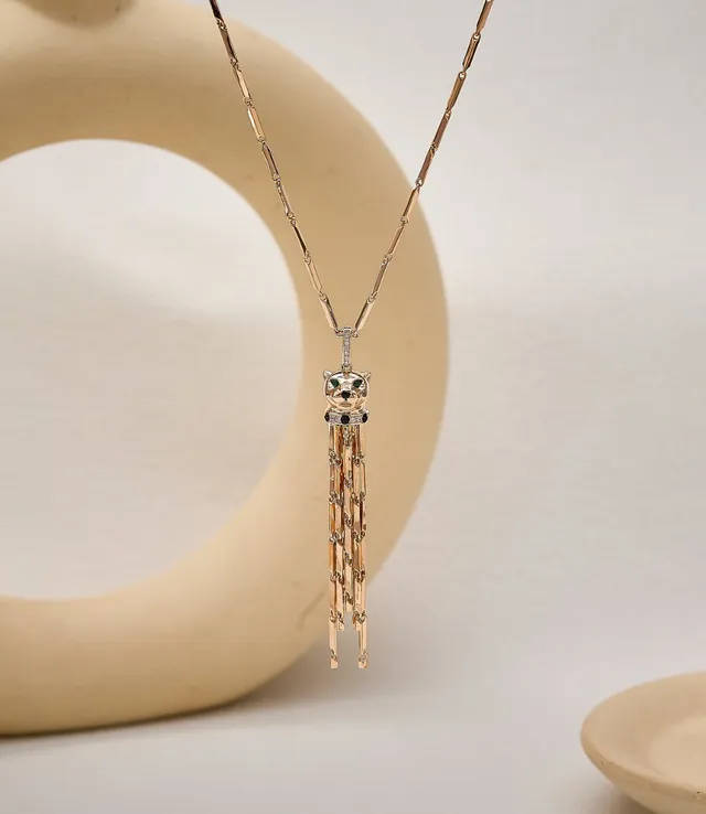 Collier Cartier Panthère argent vert motif tête de panthère frange tassel 6