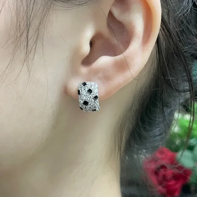 Cartier Brincos Prata Preto Pavé-Set Incrostações Geométricas 9