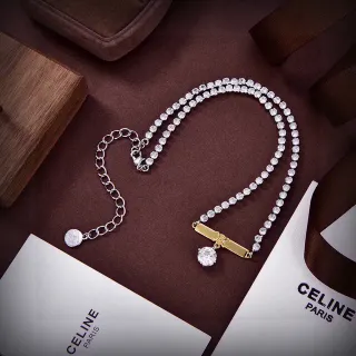 Celine Silver Gold Double-Row Crystal Pavé Chain Bar Pendant Necklace
