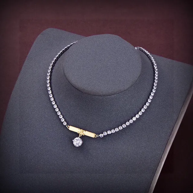 Celine Silver Gold Double-Row Crystal Pavé Chain Bar Pendant Necklace 2