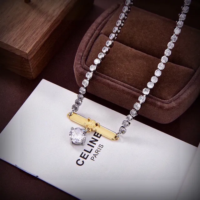 Celine Silver Gold Double-Row Crystal Pavé Chain Bar Pendant Necklace 3