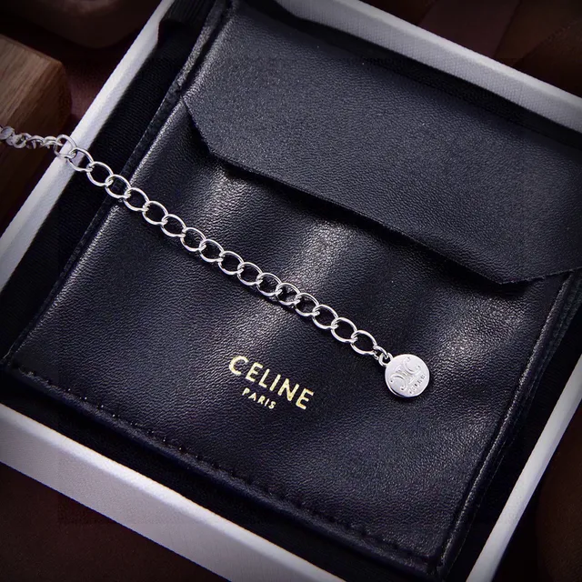 Celine Silver Gold Double-Row Crystal Pavé Chain Bar Pendant Necklace 4
