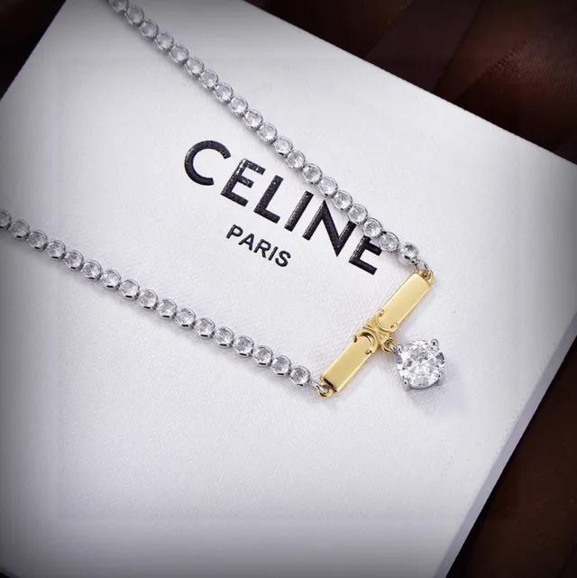 Celine Silver Gold Double-Row Crystal Pavé Chain Bar Pendant Necklace 5