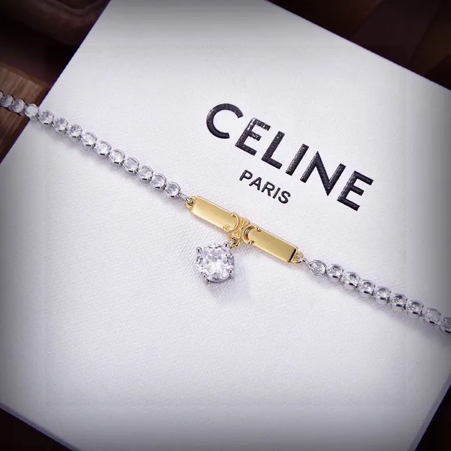 Celine Silver Gold Double-Row Crystal Pavé Chain Bar Pendant Necklace 6