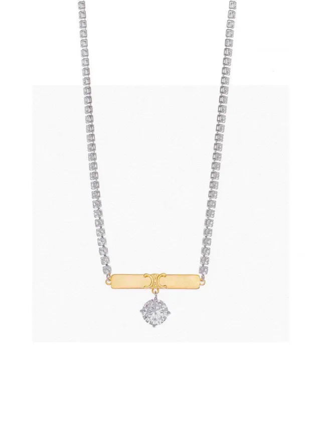 Celine Silver Gold Double-Row Crystal Pavé Chain Bar Pendant Necklace 9