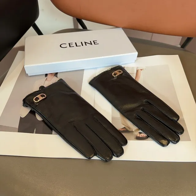 Celine Triomphe Luvas de couro preto e branco lisas com punho franzido 4