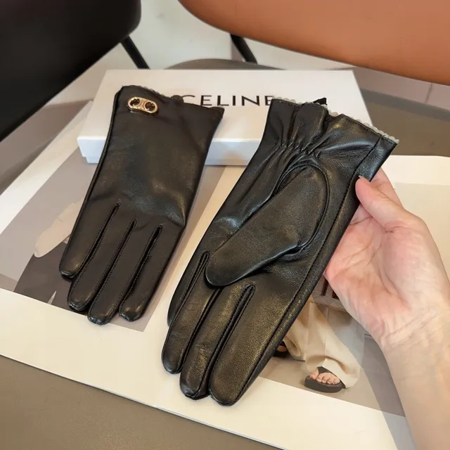 Celine Triomphe Luvas de couro preto e branco lisas com punho franzido 5