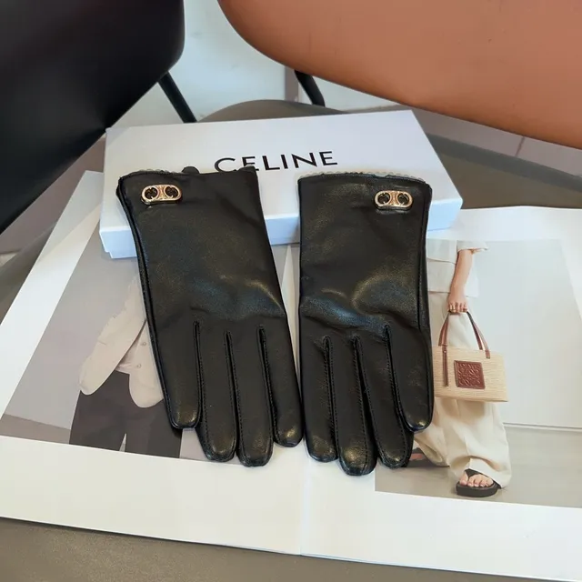 Celine Triomphe Luvas de couro preto e branco lisas com punho franzido 8
