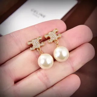 Celine Triomphe Motif Pave Gold-Tone Pearl Drop Earrings
