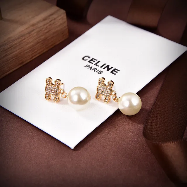 Celine Triomphe Motif Pave Boucles d'oreilles perles goutte ton doré 3