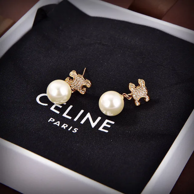 Celine Triomphe Motif Pave Boucles d'oreilles perles goutte ton doré 4