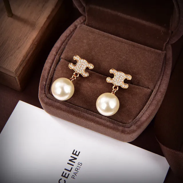 Celine Triomphe Motif Pave Boucles d'oreilles perles goutte ton doré 5