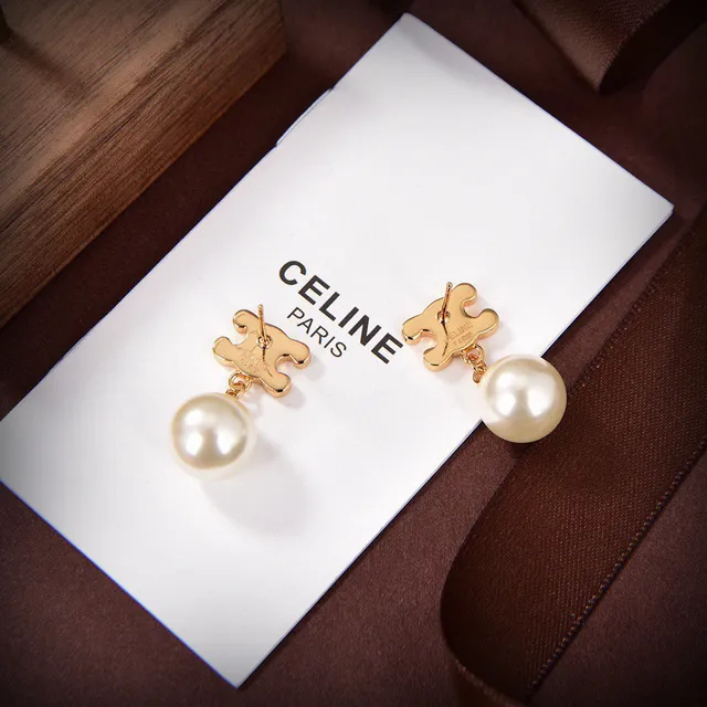 Celine Triomphe Motif Pave Boucles d'oreilles perles goutte ton doré 6