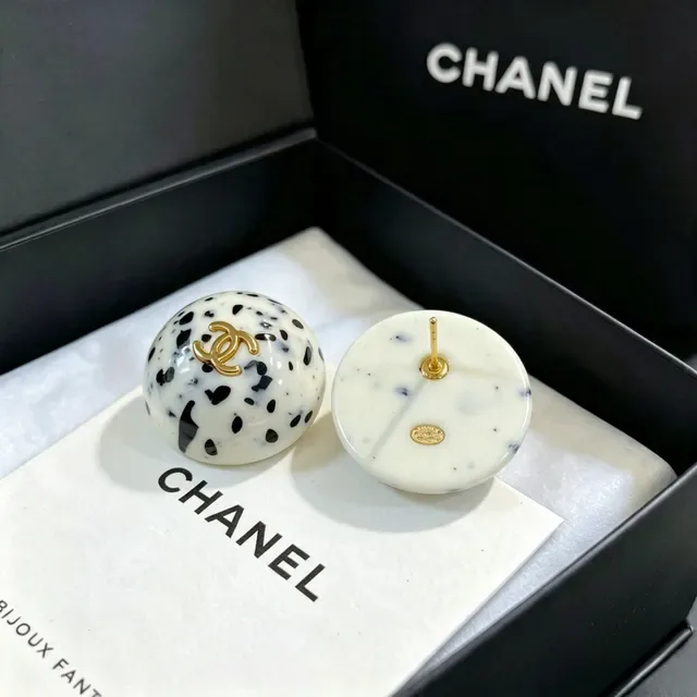 Chanel Ball White Black Spherical Speckled Resin Earrings 5