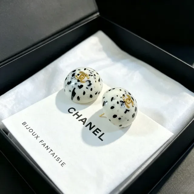Chanel Ball White Black Spherical Speckled Resin Earrings 6