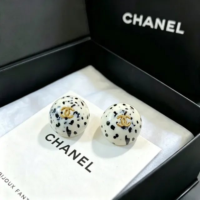 Chanel Ball White Black Spherical Speckled Resin Earrings 7